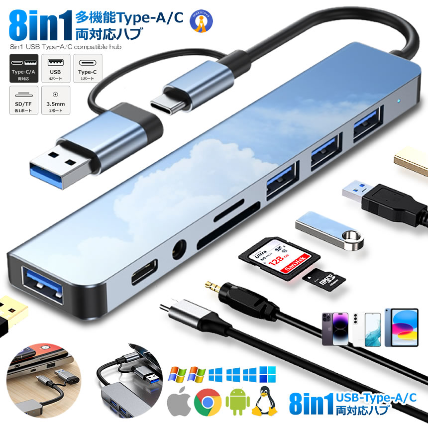 ■8in1 USB Type-A/C両対応ハブ本製品は多機能な8in1 USB Type-C/Type-A両対応のバスパワードッキングステーションでPCのポート不足を解消し作業効率UPに役立ちます。プ