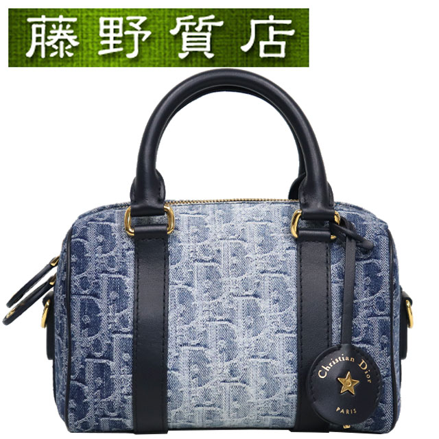 （美品）クリスチャン ディオール Christian Dior グルーヴ20 ミニボストンバッグ 2way デニム × レザー ブルー × ネイビー ゴールド金