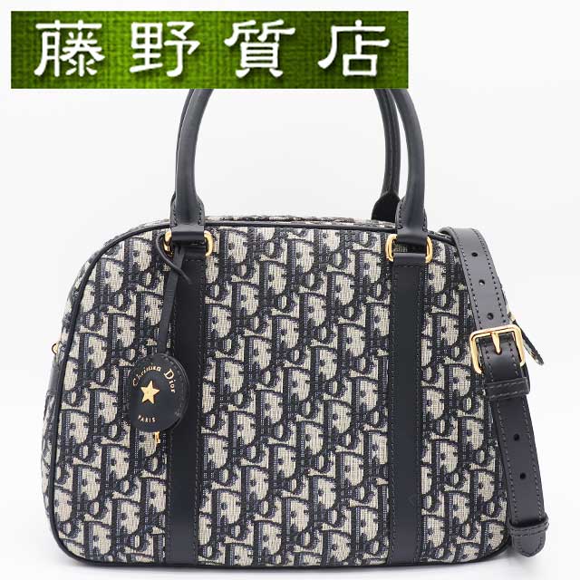 （美品）クリスチャン ディオール Christian Dior D-Vibe ボウリングバッグ ラージ オブリーク ジャカード レザー ネイビー ベージュ ゴ