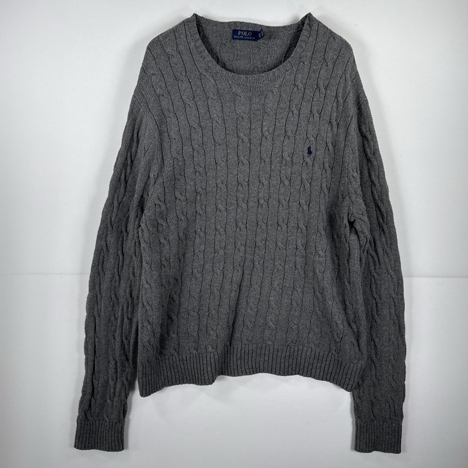 USA古着 ポロ ラルフローレン POLO RALPH LAUREN 長袖 ニット ケーブル編み セーター ワンポイント クルーネック 大きいサイズ XL グレー