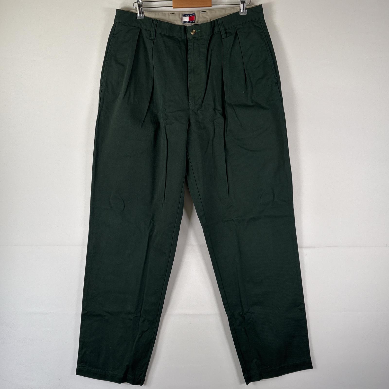 古着 90s/90年代 トミーヒルフィガー TOMMY HILFIGER チノパンツ 長ズボン ボトムス 大きいサイズ ワンポイントロゴ w38 L35 グリーン