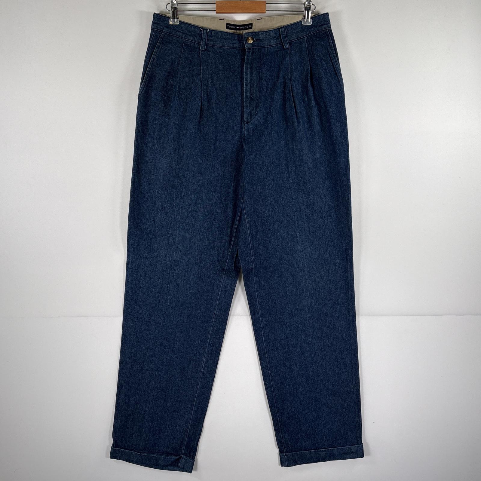 古着 トミーヒルフィガー TOMMY HILFIGER デニムパンツ テーパード スラックス ツータック ワンポイントロゴ w34 L34 ブルー メンズ