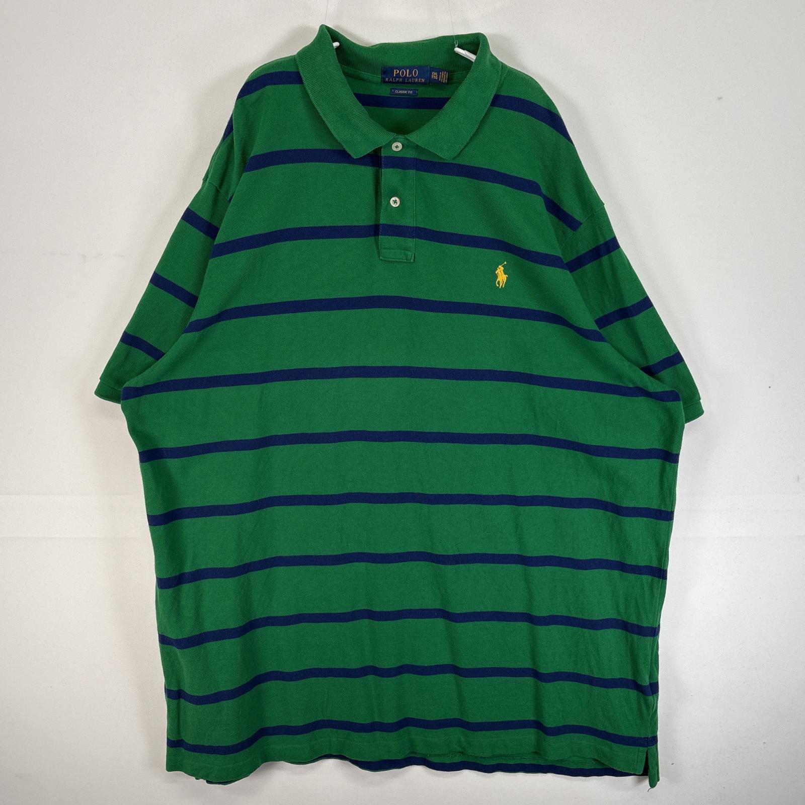 古着 ポロ・ラルフローレン POLO RALPH LAUREN 半袖 ポロシャツ ロゴ 刺繍 大きいサイズ 2ボタン XXL グリーン ボーダー メンズ