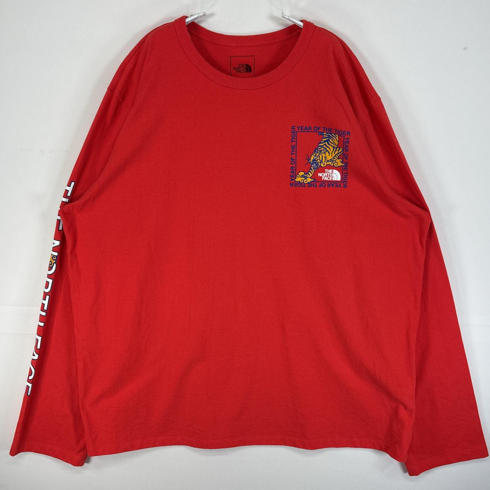 古着 ザ・ノースフェイス THE NORTH FACE 長袖Tシャツ 大きいサイズ 肉厚 寅年 袖 プリント XXL レッド 無地 メンズ