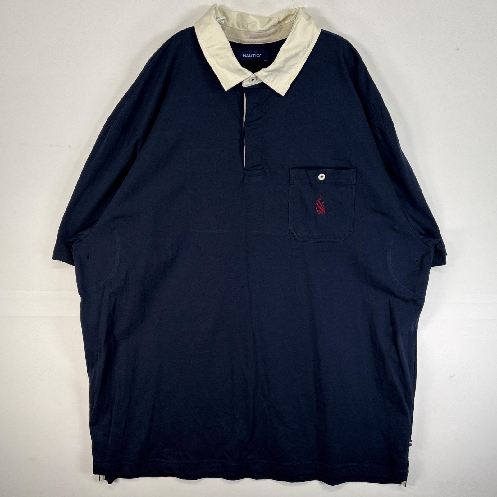 古着 ノーティカ NAUTICA 半袖 ラガーシャツ 大きいサイズ 2ボタン ラバーボタン バックデザイン ロゴ 刺繍 3XL ネイビー ツートン