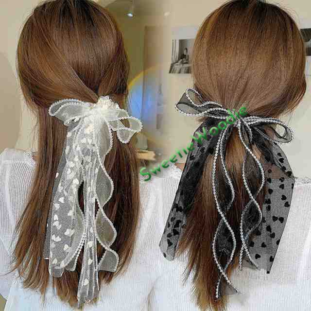 シュシュ ジュエリー ヘアアクセ アクセサリー ヘアアクセサリー アクセ ヘアアレンジ リボン チュール ハート柄 ブラック ホワイトママ 軽い シュシュ