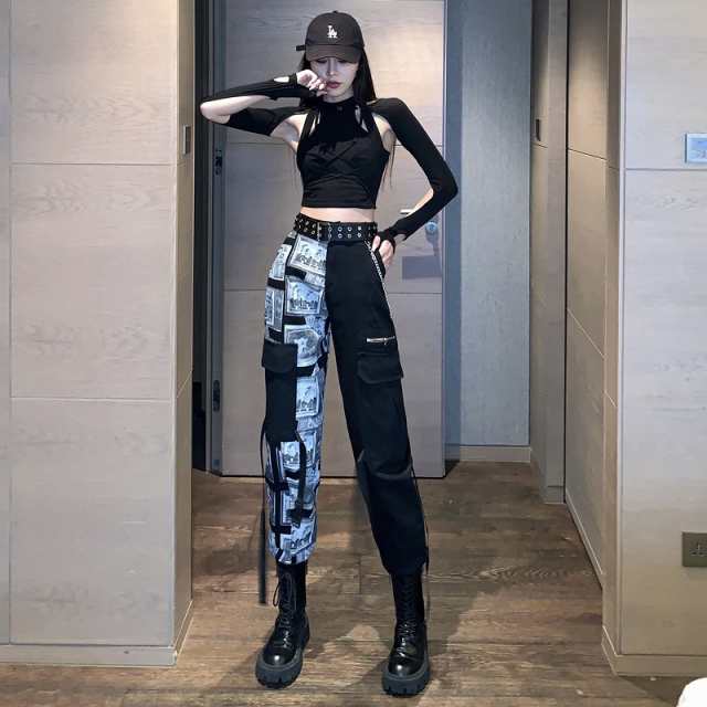 パンツ ズボン 切り替え バイカラー 配色 スリム ユニセックス 男女兼用 原宿系ファッション 韓国風ダンス 衣装 ヒップホップ HIPHOP 個性 奇抜 かわいい 青文字系 ボトムス レディース 女