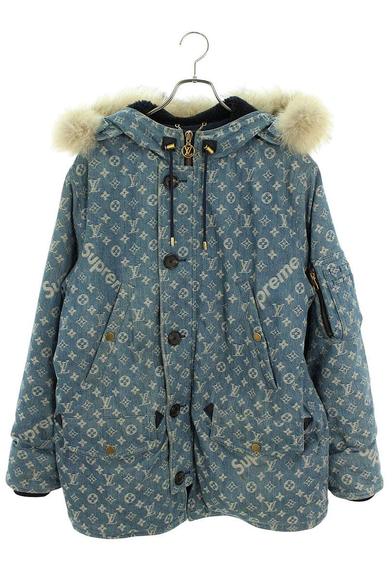 シュプリーム ルイヴィトン サイズ:50 17AW LV Jacquard Denim N-3B デニムモノグラムコヨーテファーN-3Bミリタリーコート 中古 SB01