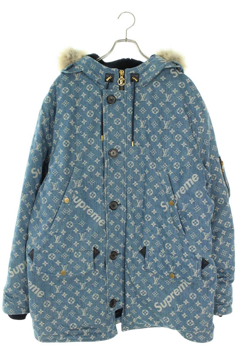 シュプリーム ルイヴィトン サイズ:58 17AW LV Jacquard Denim N-3B デニムモノグラムコヨーテファーN-3Bミリタリーコート 中古 SB01