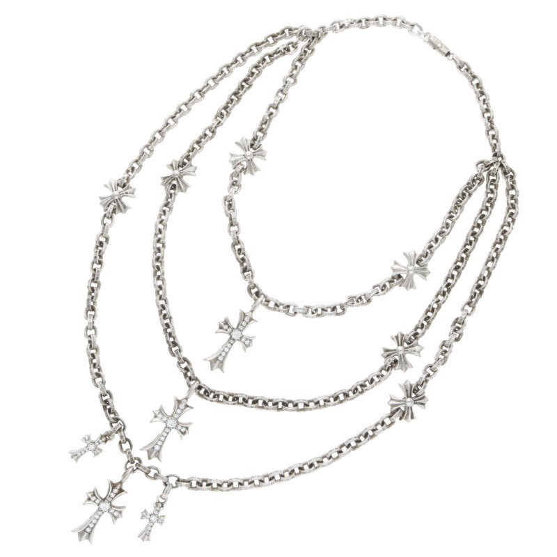 クロムハーツ 3 TIER CRS PLS P D PAVEダイヤ シルバーチョークチェーンネックレス 中古 OK15