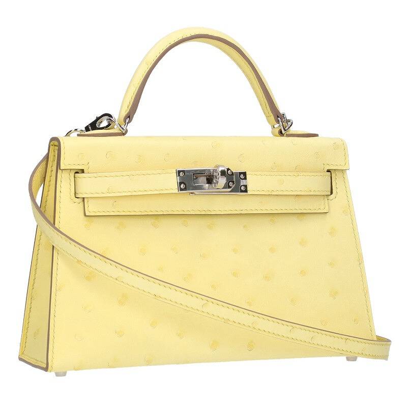 エルメス ミニケリー2 W刻印 SV金具オーストリッチ リモンチェッロ2WAYハンドバッグ 中古 GZ14