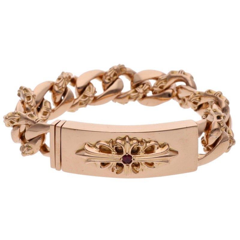 クロムハーツ サイズ:13LINK 22K ID FLORAL CRS RUB フローラルクロスIDファンシー ルビー ゴールドブレスレット 中古 SJ02