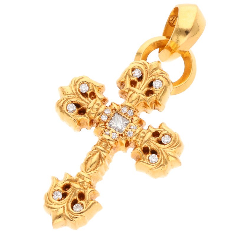 クロムハーツ 22K FILIG CROSS-XSM P D フィリグリークロスXS PAVEダイヤ ゴールドネックレストップ 中古 SJ02