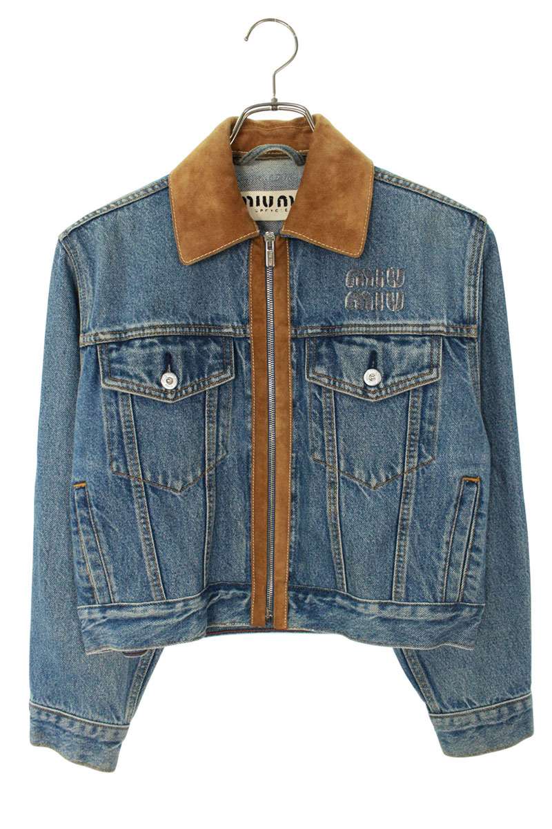 ミュウミュウ サイズ:36 GWB207 ロゴ刺繍スエード切替ジップアップデニムジャケット 中古 SB01
