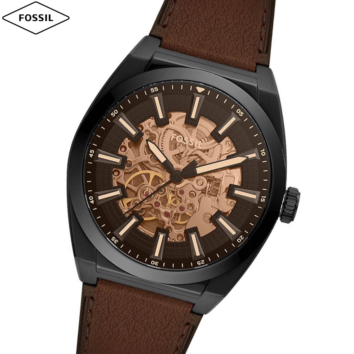 フォッシル FOSSIL 腕時計 メンズ 自動巻き EVERETT オートマティック ダークブラウン LiteHideレザーウォッチ ME3207