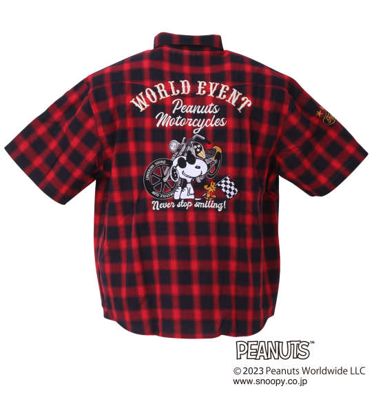 大きいサイズ メンズ FLAGSTAFF × PEANUTS スヌーピーコラボチェック 半袖 シャツ レッド 1277-3245-1 3L 4L 5L 6L 8L■カタログコード 1012773245